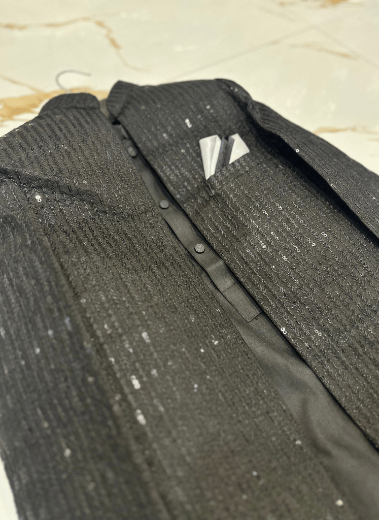 Black Open Prince Coat Suit for Boys – Imported Embroidered Sequin Prince Coat with Kurta Trouser