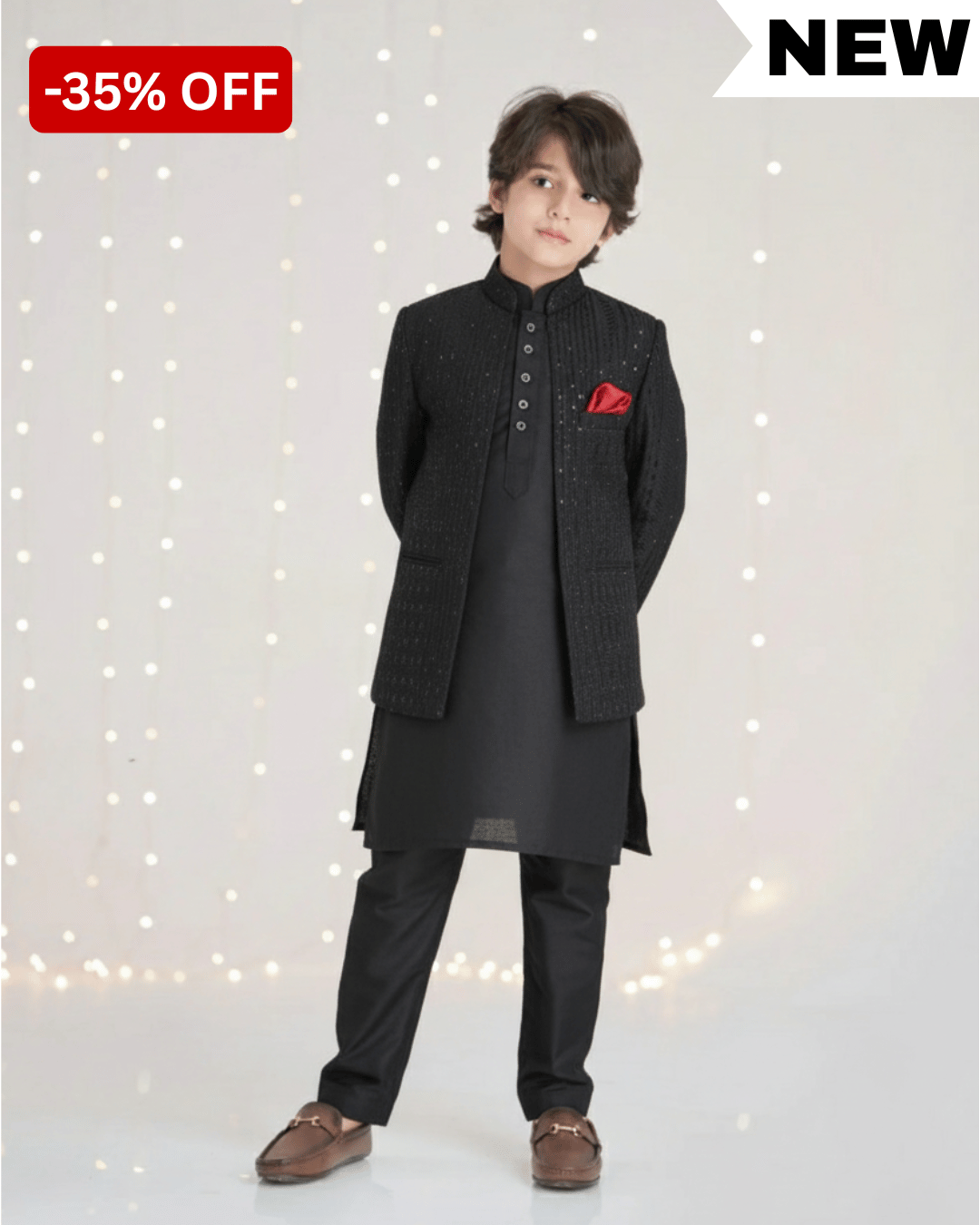 Black Open Prince Coat Suit for Boys – Imported Embroidered Sequin Prince Coat with Kurta Trouser