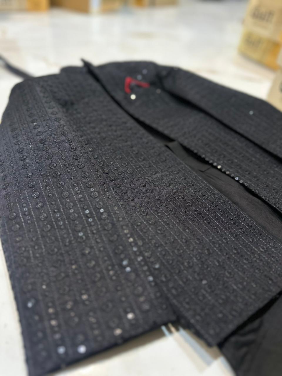 Black Open Prince Coat Suit for Boys – Imported Embroidered Sequin Prince Coat with Kurta Trouser