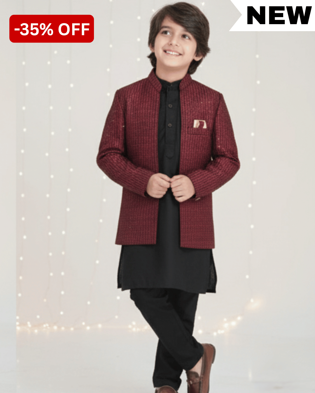 Maroon Open Prince Coat for Boys with Black Kurta Pajama – Kids Wedding Ethnic Wear