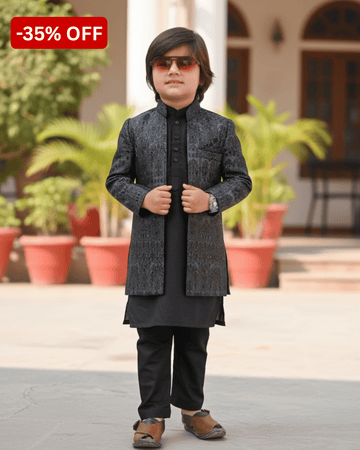 Grey Long Prince Coat for Boys – Premium Dulha Embossed Long Coat