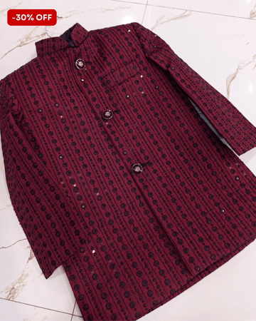 Classic Maroon Embroidered Sherwani With Trouser- Premium Embroidered Fabric
