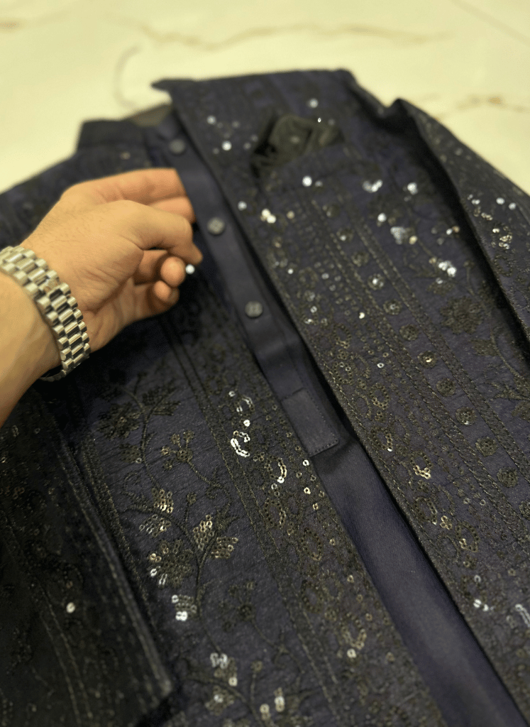 Premium Navy Blue Open Sherwani Suit – Embroidered Fabric (3 Piece)