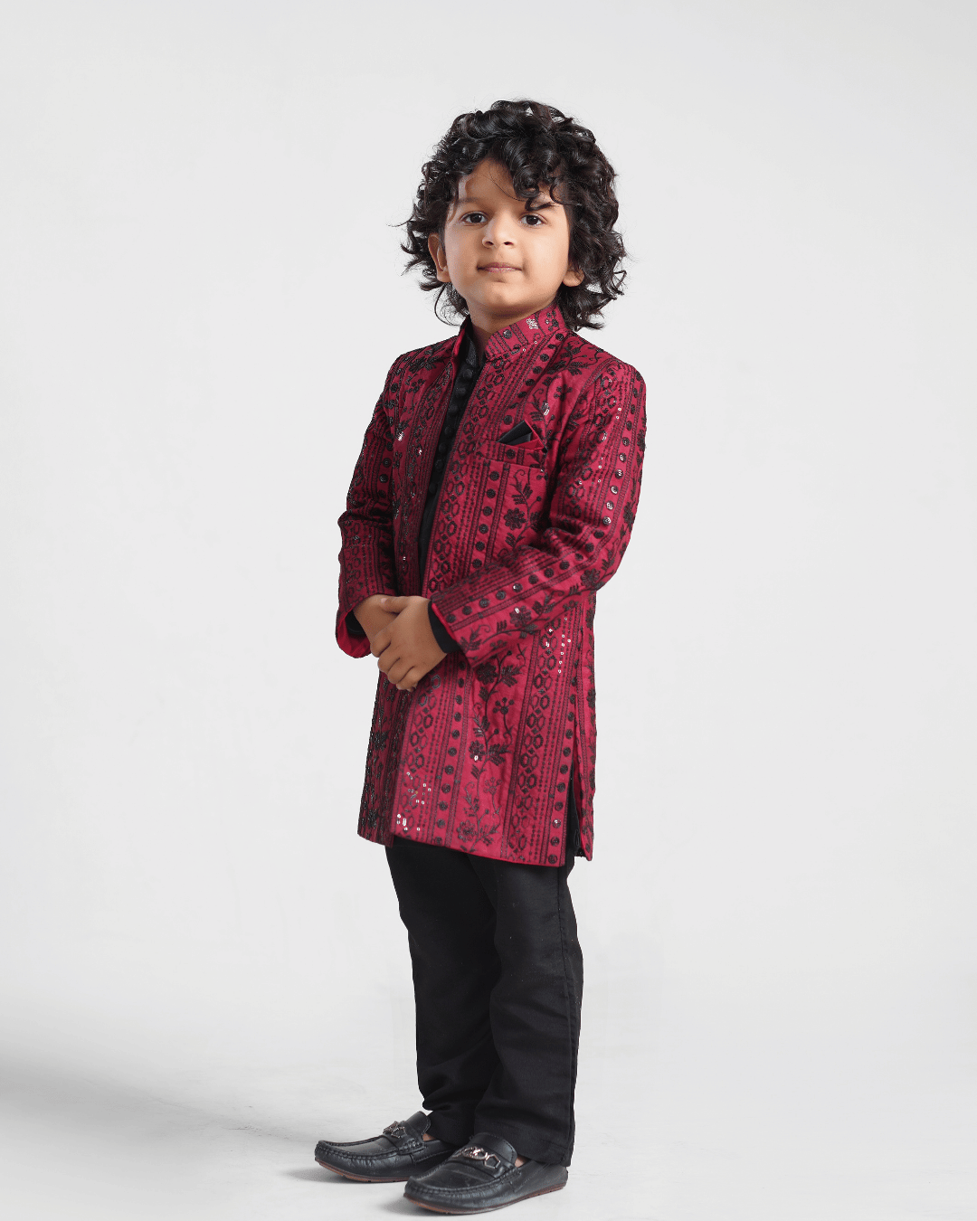 Embroidered Maroon Open Sherwani Suit – Boys Ethnic Formal Wear