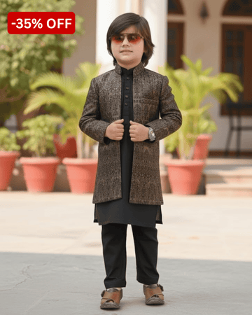Brown Long Prince Coat for Boys – Long Coat with Black Kurta Pajama