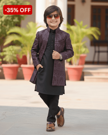 Plum Maroon Long Prince Coat for Boys – Premium Long Coat with Black Kurta Pajama