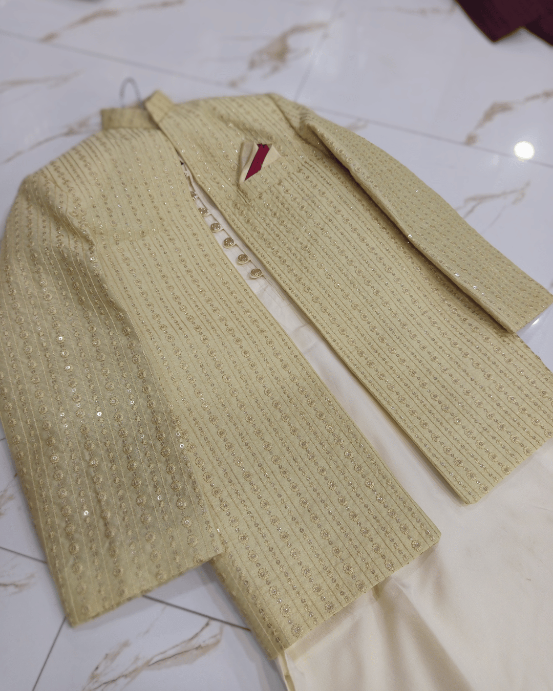 Boski Golden Embroidered Prince Coat Suit – Premium 3Pcs with Kurta Trouser