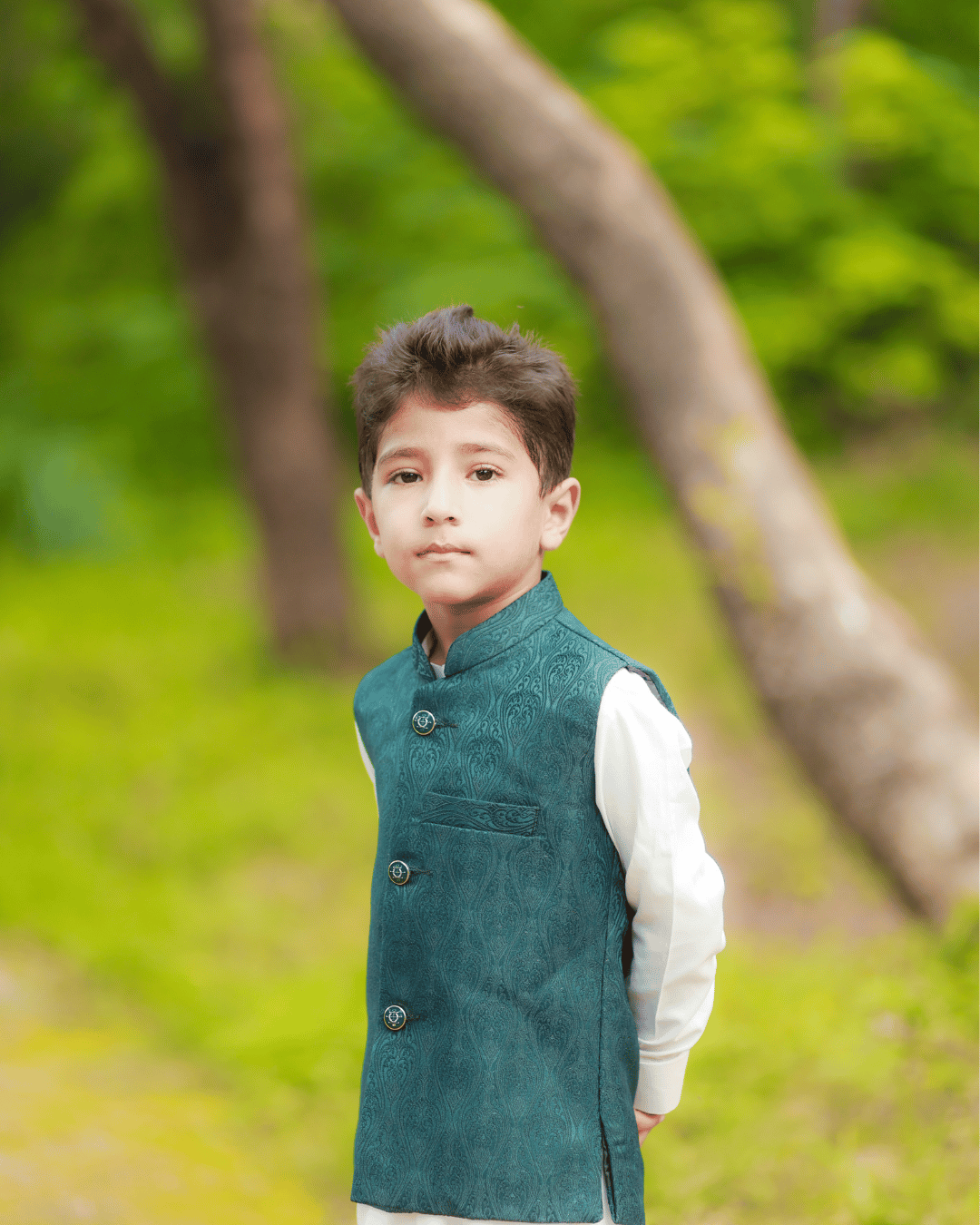 Boys Peacock Green Vestcoat Suit Set – Imported Dulha Fabric with Shalwar Kameez
