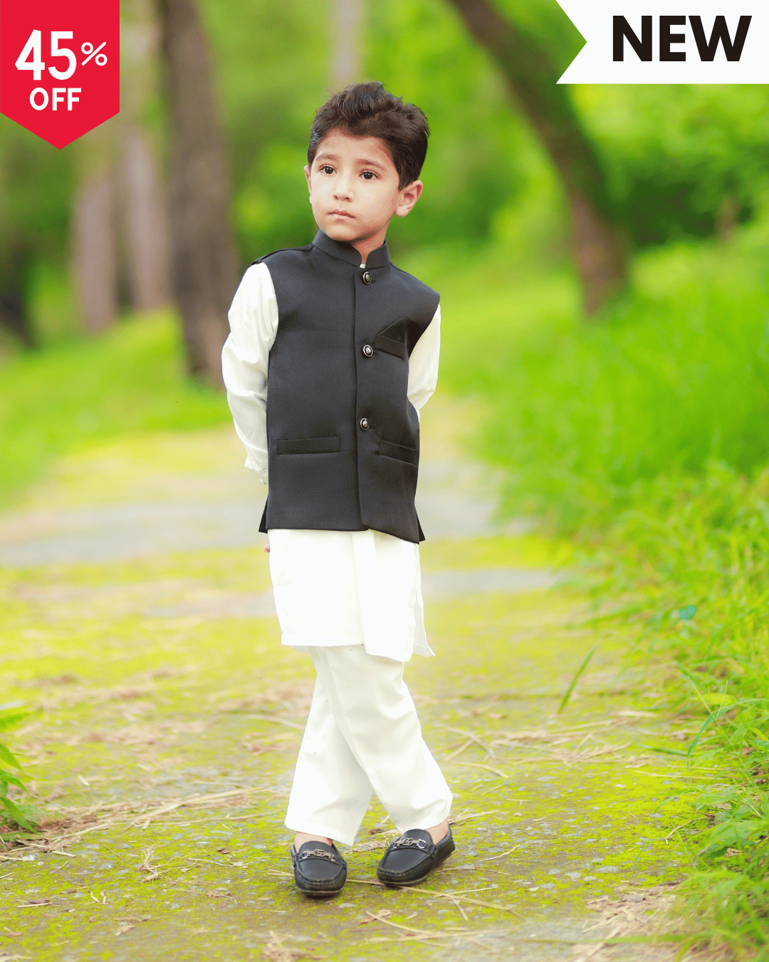 Boys Black Imported Suiting Fabric Vestcoat Set with Shalwar Kameez – Sizes 2–12 Years, Perfect for Weddings, Parties, Eid, and Formal Occasions