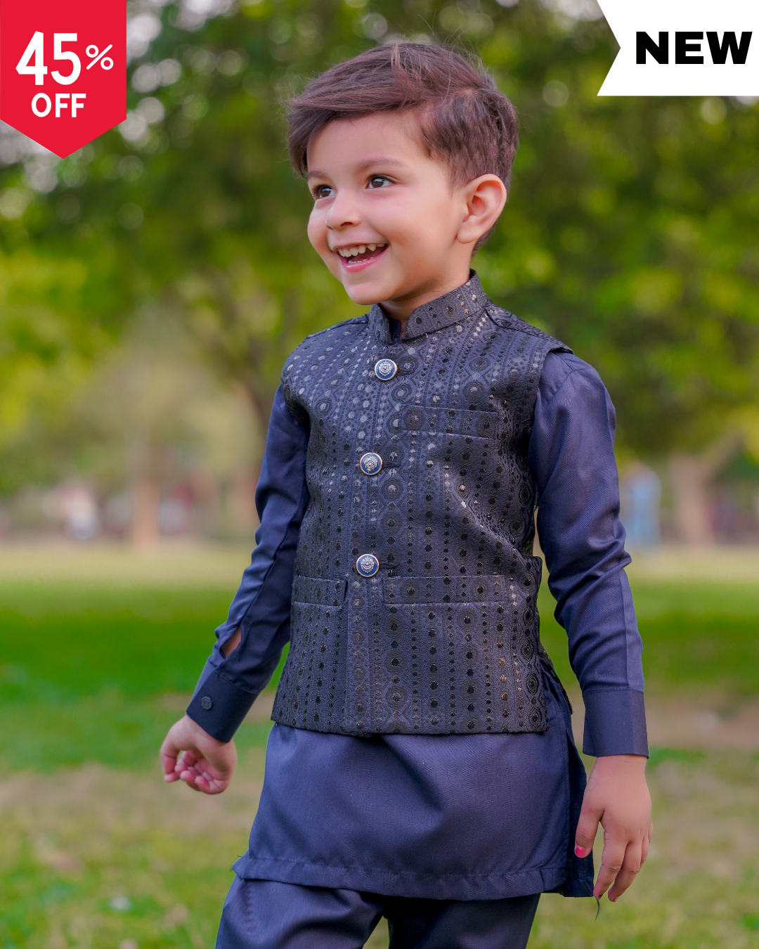 Boys Blue Vestcoat Suit 3-Piece – Imported Dulha Fabric Kids Formal Wear Pakistan