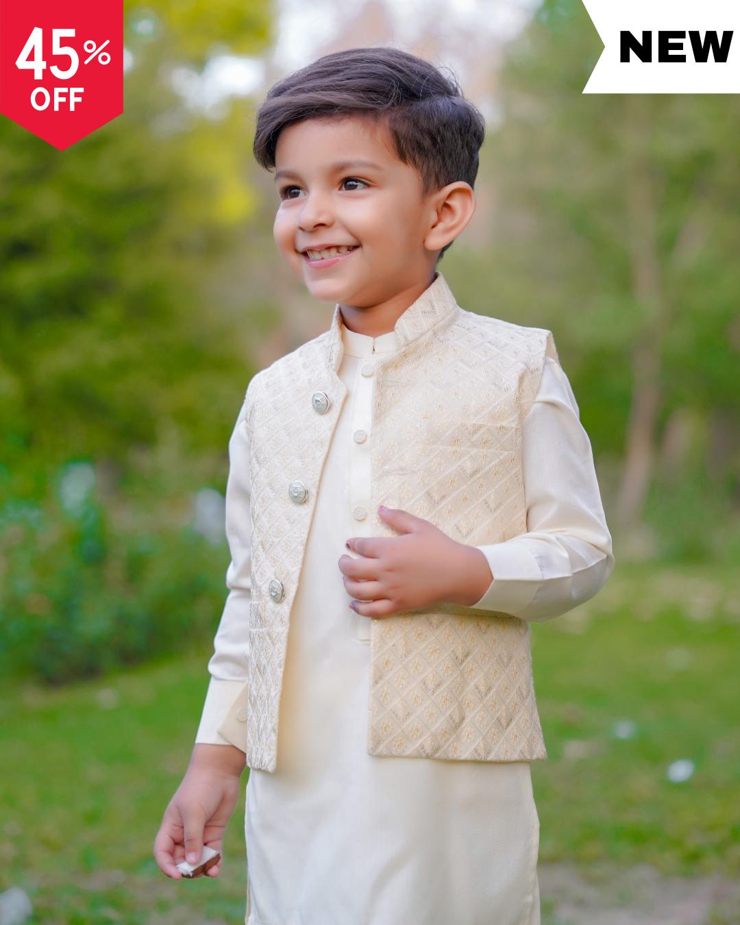 Boys Cream Embroidered Vestcoat Suit 3-Piece – Premium Kids Wedding Wear Pakistan

