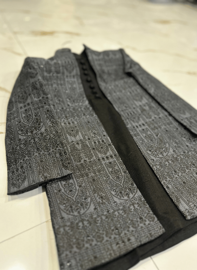 Grey Long Prince Coat for Boys – Premium Dulha Embossed Long Coat